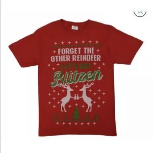 Gildan Mens Red Lets Get Blitzen Christmas Reindeer T-Shirt